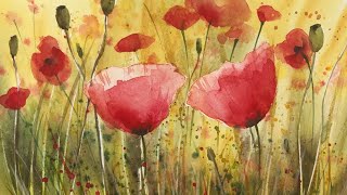 Atmospheric Watercolour Flower Painting Poppy Field For Beginners Tutorial [upl. by Macfarlane]