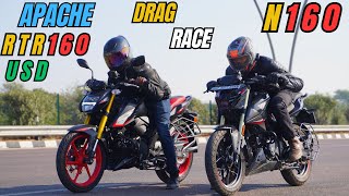 New Apache RTR160 4V vs Pulsar N160 Drag Race [upl. by Nilrac]