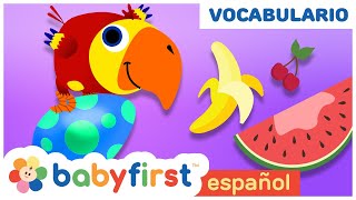 🍊🍇🍉 APRENDE EL NOMBRE DE LAS FRUTAS CON HUEVOS SORPRESA  LARRY EL LORO  BABYFIRST ESPAÑOL [upl. by Milford]