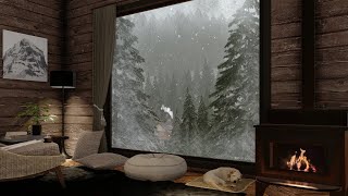 Cozy Cabin Ambience with Crackling Fireplace and Winter Blizzard Sounds for Sleep Study and Relax [upl. by Placido787]