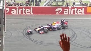 Sebastian Vettel BurnoutDonuts Full video  F1 Indian Grand Prix 2013 [upl. by Eihpos80]