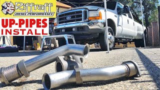 2001 F350 73  RiffRaff UpPipes Install  Stock up pipes leaking and falling apart JUNK SP [upl. by Adelle]