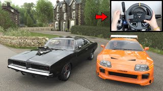 Forza Horizon 4 Doms Dodge Charger vs Paul Walker Toyota Supra Steering Wheel  Shifter Gameplay [upl. by Gnilsia256]