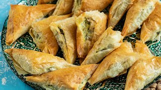 Spanakopitakia Greek Spinach Pie Triangles The best appetizer [upl. by Elleyoj]