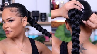 SUPER SLEEK LONG BRAIDED PONYTAIL ON NATURAL HAIR  Protective Style  Arnellarmon [upl. by Atekihc839]