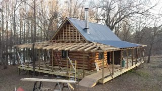 Off Grid Log Cabin Build 28 Board and Batten Gables Porch Flashing [upl. by Broddie]