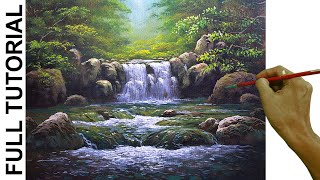 Acrylic Landscape Painting TUTORIAL  Waterfalls and Rushing River in the Forest  JMLisondra [upl. by Hazeefah546]