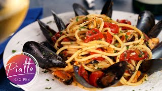 Seafood Pasta Recipe  SPAGHETTI with MUSSELS White Wine and Tomatoes [upl. by Newkirk]