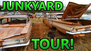 OVER 500 CLASSIC CARS  Classic Car Salvage Yard Old Car Junkyard Tour [upl. by Papageno267]